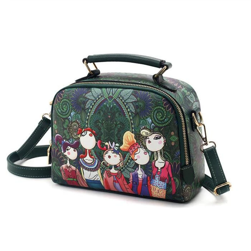 Женская кожаная сумка мессенджер темно зеленая через плечо с принтом