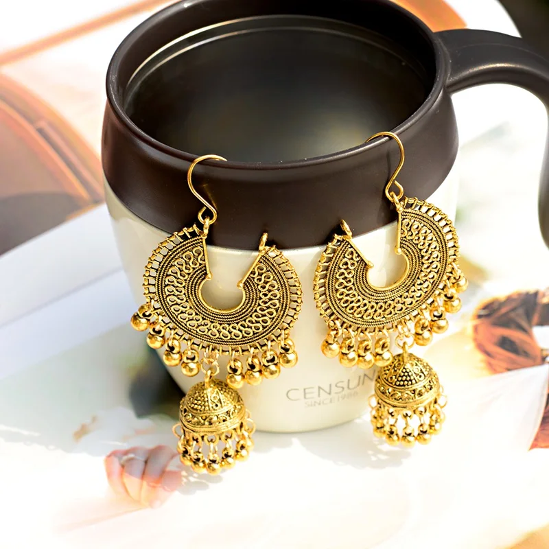 Египетские винтажные женские Золотые и Серебряные Колокольчики Jhumka, этнические серьги-кисточки, турецкие племенные GypsyRound полые индийские ювелирные изделия