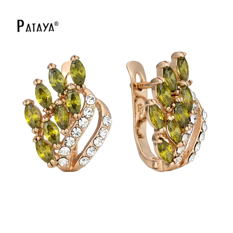 PATAYA, классические, оливково-зеленые, 585, розовое золото, большие серьги, два ряда, капля воды, кубический цирконий, натуральные серьги для женщин, изысканные, винтажные - Окраска металла: green