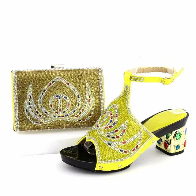 Wonderful yellow women kitten heel shoes with rhinestone for african shoes match handbag set for dress V1-2