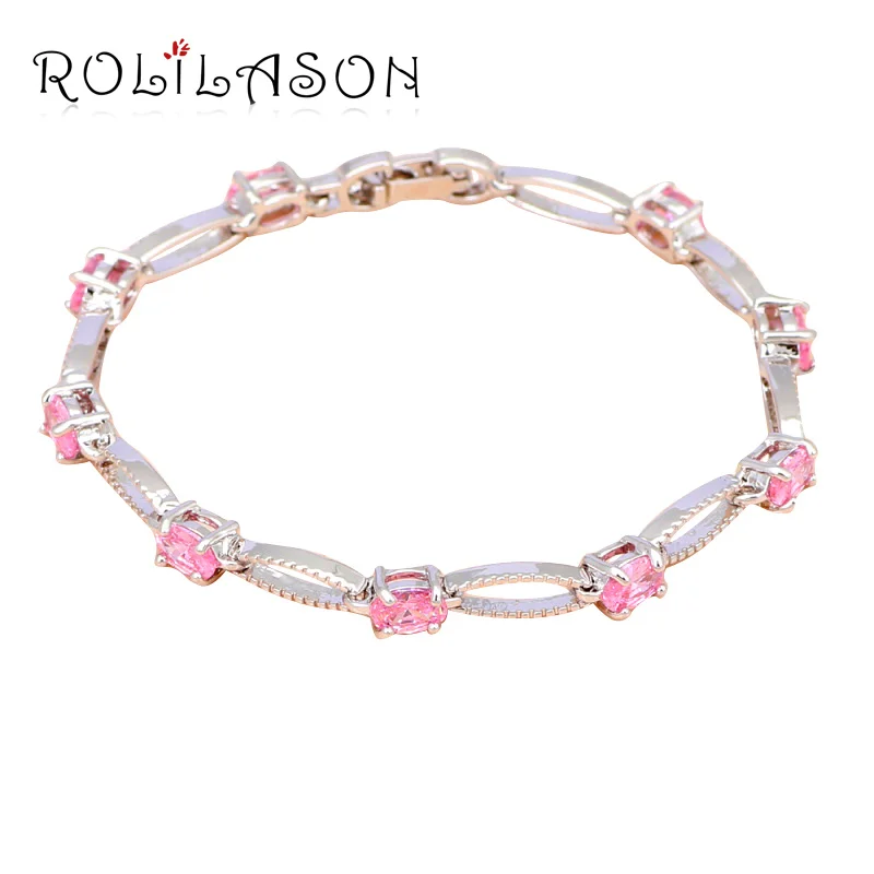 ROLILASON фантастические подарки для дам прекрасный розовый циркон серебряный шарм Браслеты Циркон партии Модные украшения TBS958