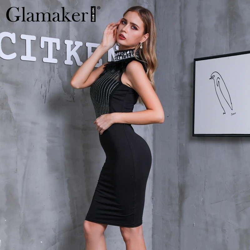 Glamaker лоскутное бриллианты перо сетки сексуальное платье для женщин Лето без
