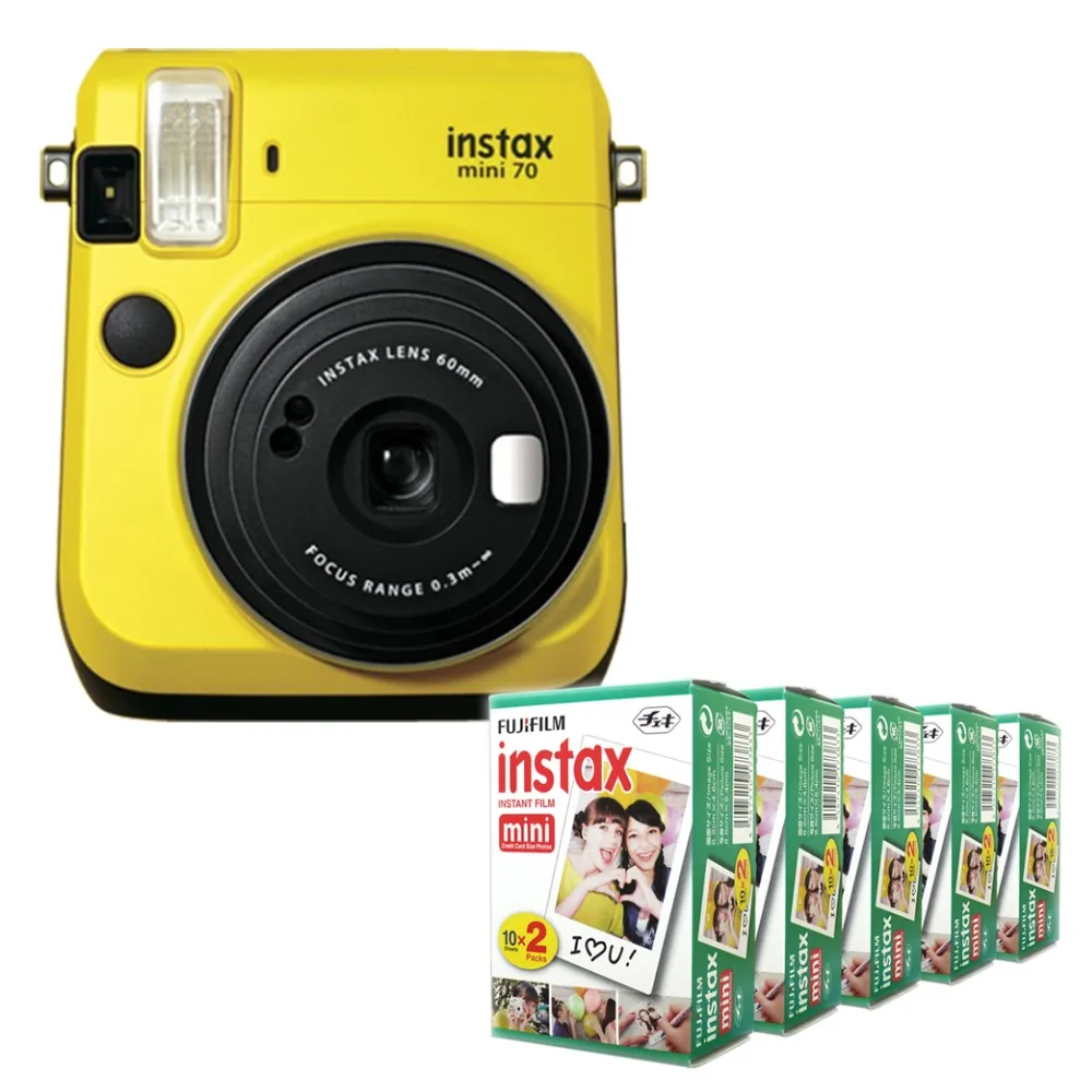 Fujifilm Instax Mini 70 мгновенная пленка Камера Желтый со стильным плечевым ремнем + Fuji 100