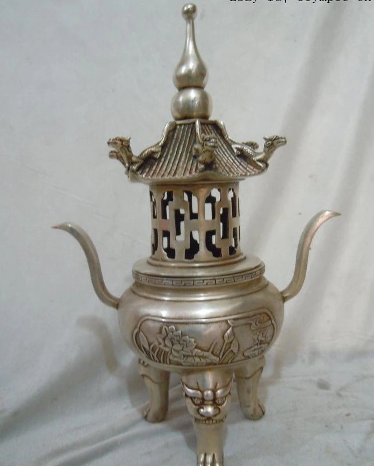 

13" China silver plate Buddhism dragon gloriette censer Incense Burner statue