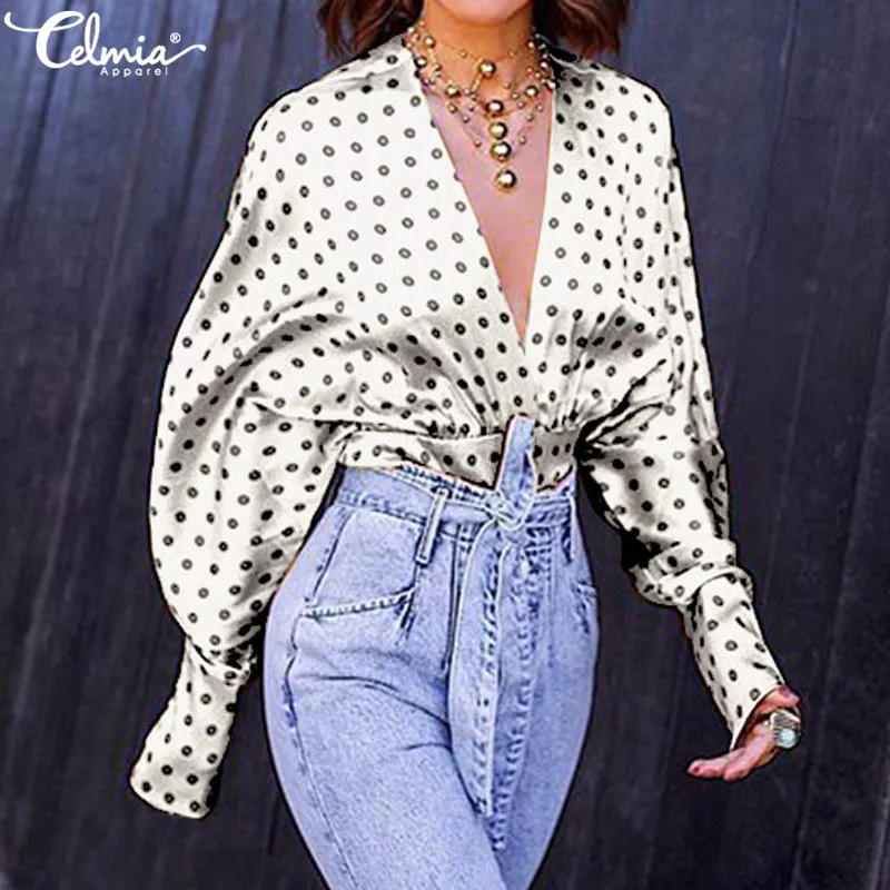Fashion Crop Tops Celmia 2019 Autumn Women's Blouses Sexy Deep V Neck Long Sleeve Shirts Polka Dot Casual Party Blusas Plus Size |