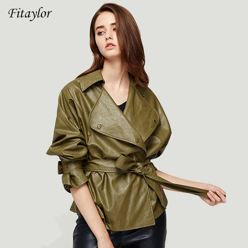 Весенняя женская куртка ftaylor свободная из искусственной кожи с поясом яркие