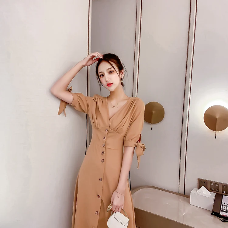 2019 new French retro single-breasted waist V-neck slim dress | Женская одежда