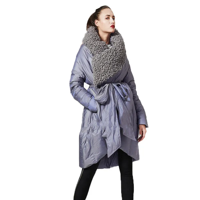 

Vintage Lambswool Lapel Cloak Down Coat 2019 New Women Winter Long Hood Belted Duck Down Jacket Femme Outwear Overcoat W56