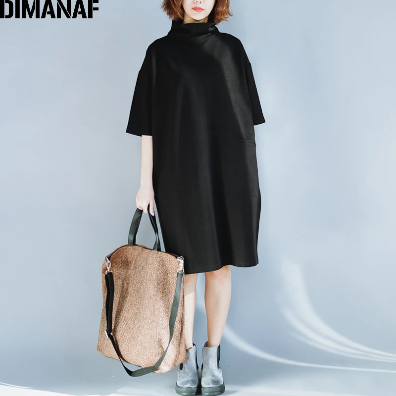 DIMANAF, женское осеннее платье, водолазка, вязанное, для женщин, элегантное, однотонное, Vestidos, черное, белое, размера плюс, модное, Повседневное платье