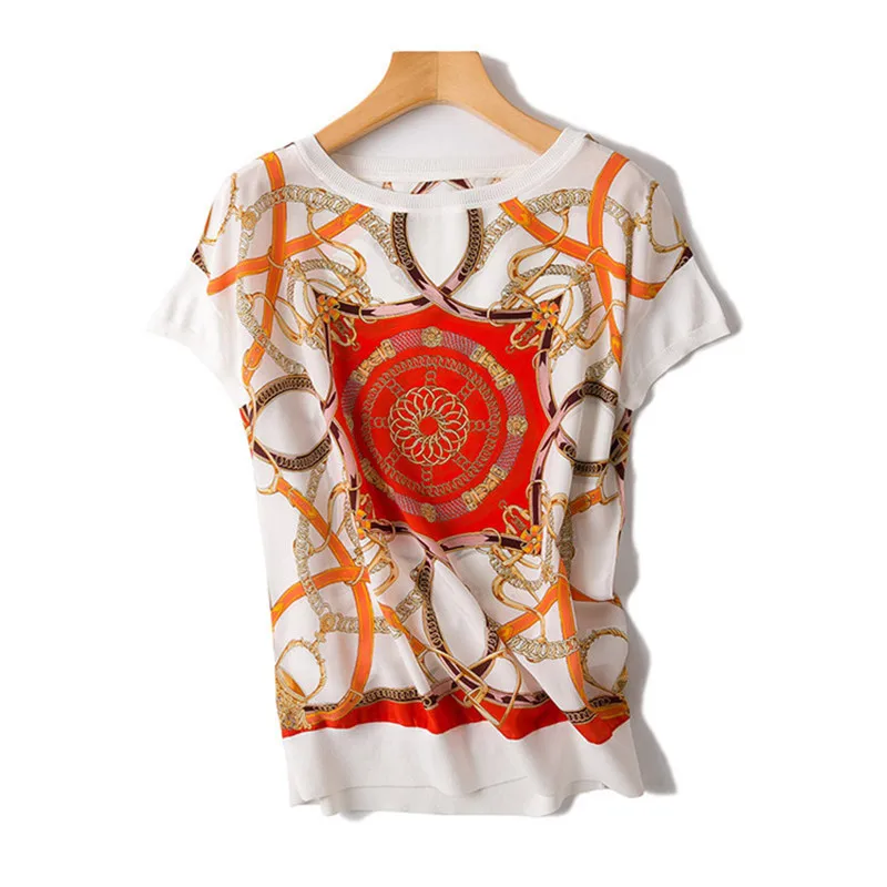 Günstig 100% Seide Gespleißt Frauen Sommer Mode Gedruckt Dünnes T-shirt Kurzarm Orange 2 Farbe One & über Größe