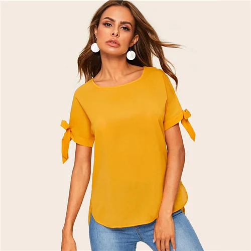 Yellow Sheinside Повседневная Кружевная блуза с разрезом на рукавах для женщин летние блузы с коротким рукавом женские желтые квадратные шеи с изогнутым подолом - Цвет: Yellow
