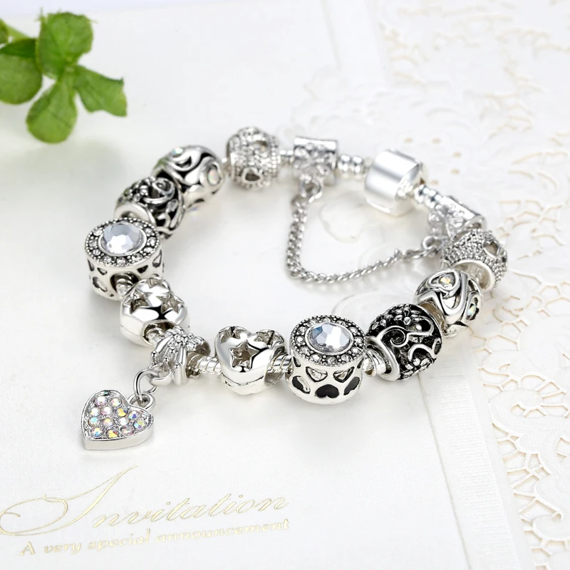 925 г. Роскошные Античный Серебряный браслет и кристалл сердце любовь бусы