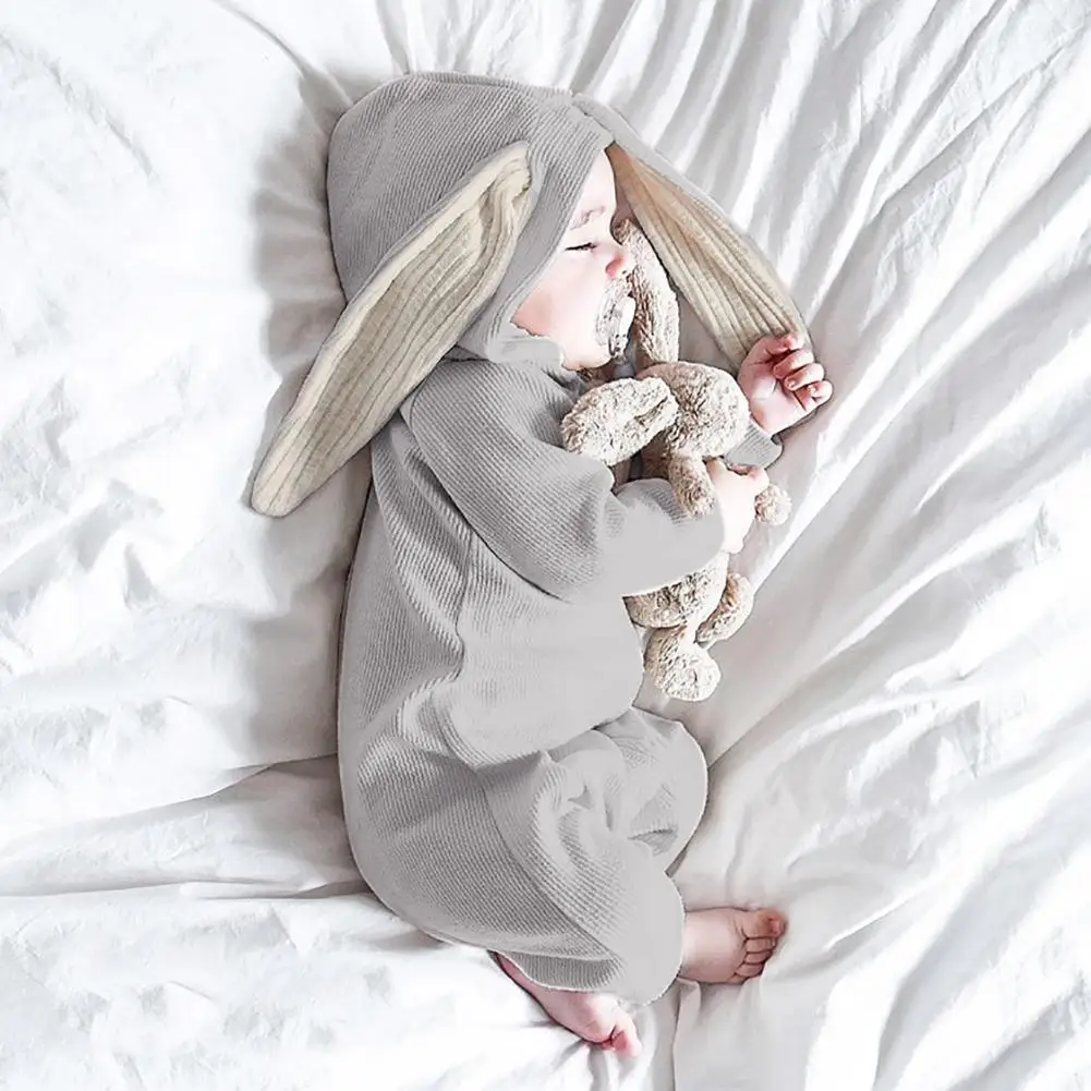 Kidlove/комплекты хлопковых комбинезонов с капюшоном для новорожденных; ромперы с ушками в виде кролика; комбинезоны; свободная однотонная теплая одежда с длинными рукавами для малышей; сезон осень; san0
