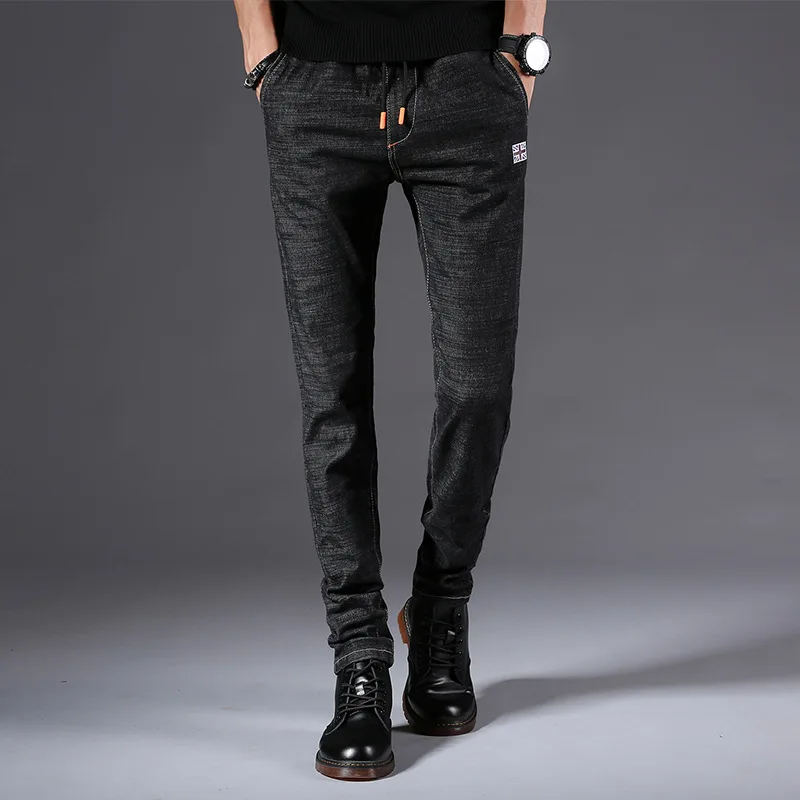 Мужские Классические облегающие джинсы со средней талией черные повседневные