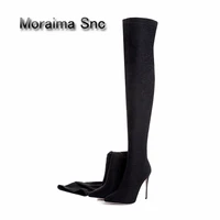 moraima snc brand black sliver bling spring women shoes sexy pointed toe stretch fabric long boots high heels thigh high boots