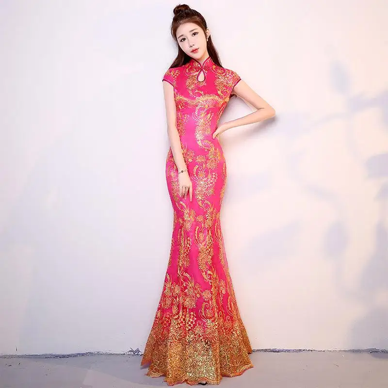 Китайский национальный русалка длинный Cheongsam для женщин Тонкий Блестки современный Qipao элегантный дамы вечернее платье размер S-3XL - Цвет: Style 1