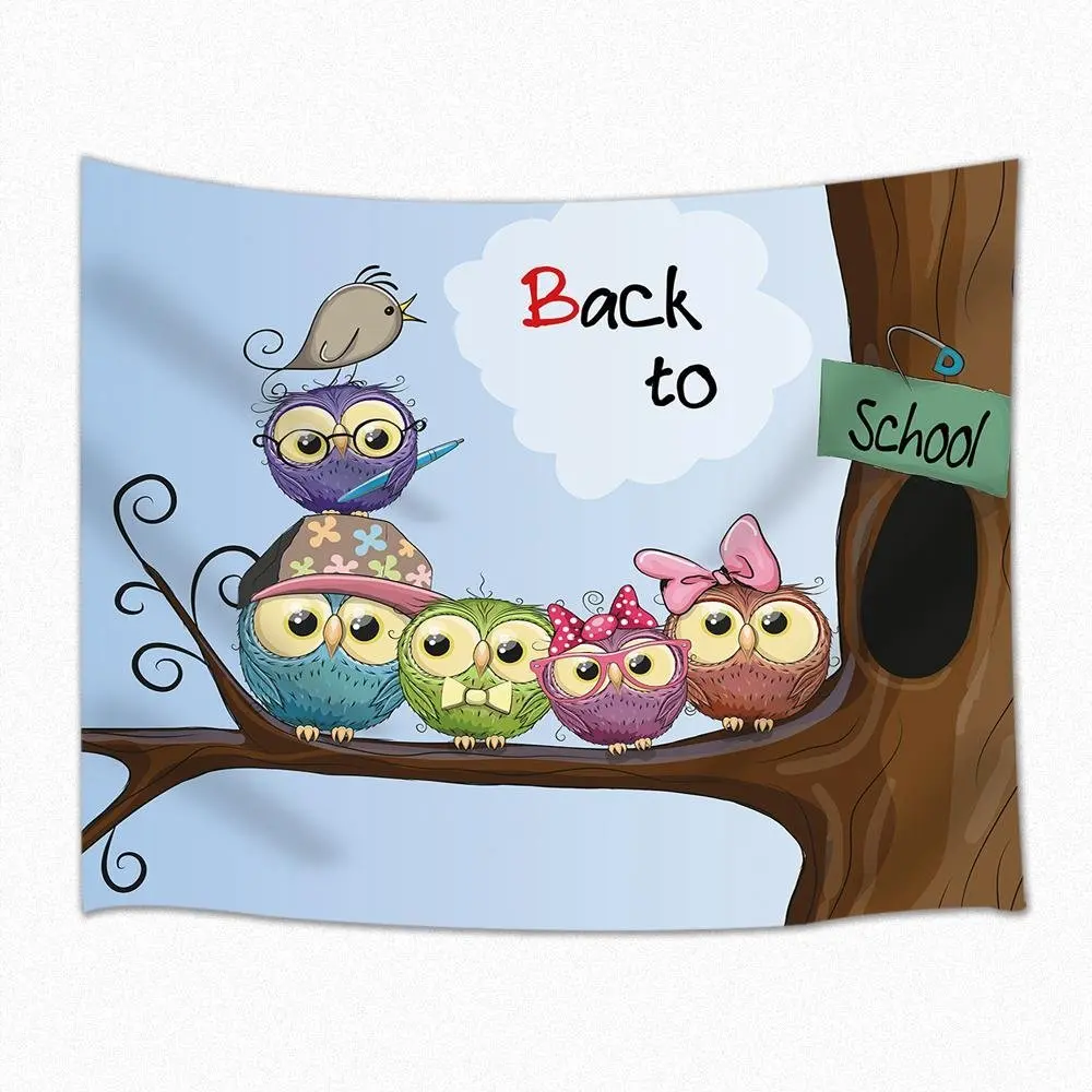 Мультфильм Декор гобелен милая сова стенд в ряд на ветка дерева Наклейка стену
