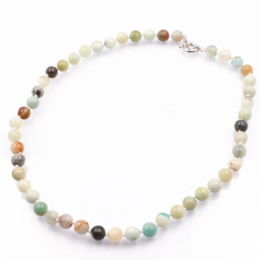 Fashion Women Bohemian Style Necklace Jewelry Knotted Amazonite Natural Gem Stone Necklaces Long Chain Round Beads Choker A727 | Украшения