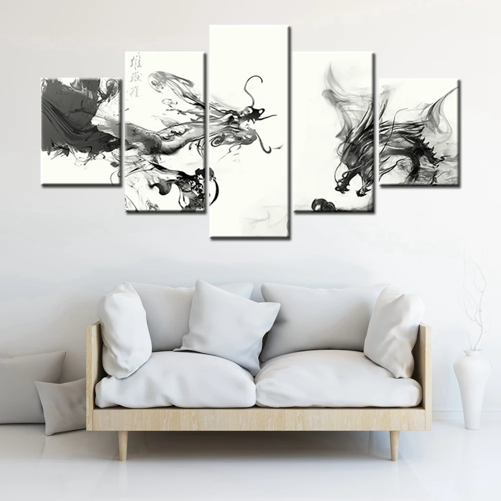 Черно белая китайская чернильная краска с принтом дракона императора канва 5