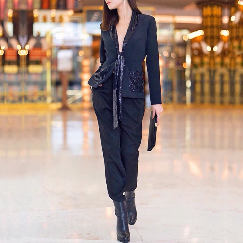 INDRESSME 2019 Новый женский черный комплект из двух предметов с блестками и V образным