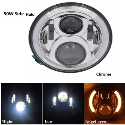 1pcs 50W side chrome Автомобильный светильник 7 дюймов головной светильник w/дневные ходовые огни для Jeep JK Lada 4x4 для suzuki samurai мотоцикл " Halo DRL светодиодный налобный фонарь - Цвет: 1pcs 50W side chrome