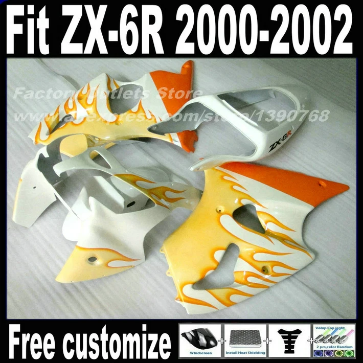 АБС пластик Обтекатели набор для Kawasaki ZX6R 00 01 02 ниндзя 636 Orange Пламя Черный Custom
