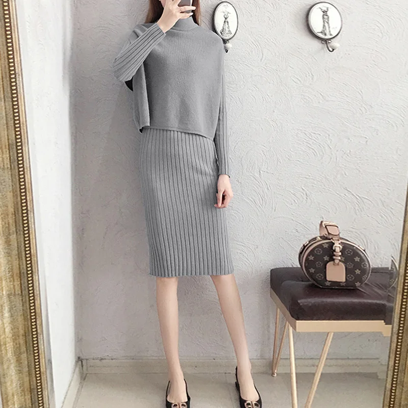 Зимний вязаный комплект из 2 предметов однотонное платье и жилет с толстовкой