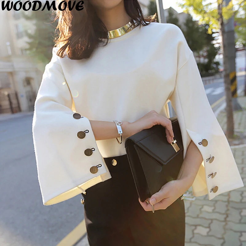 Весна 2018 женские топы с расклешенными рукавами и О образным вырезом женский