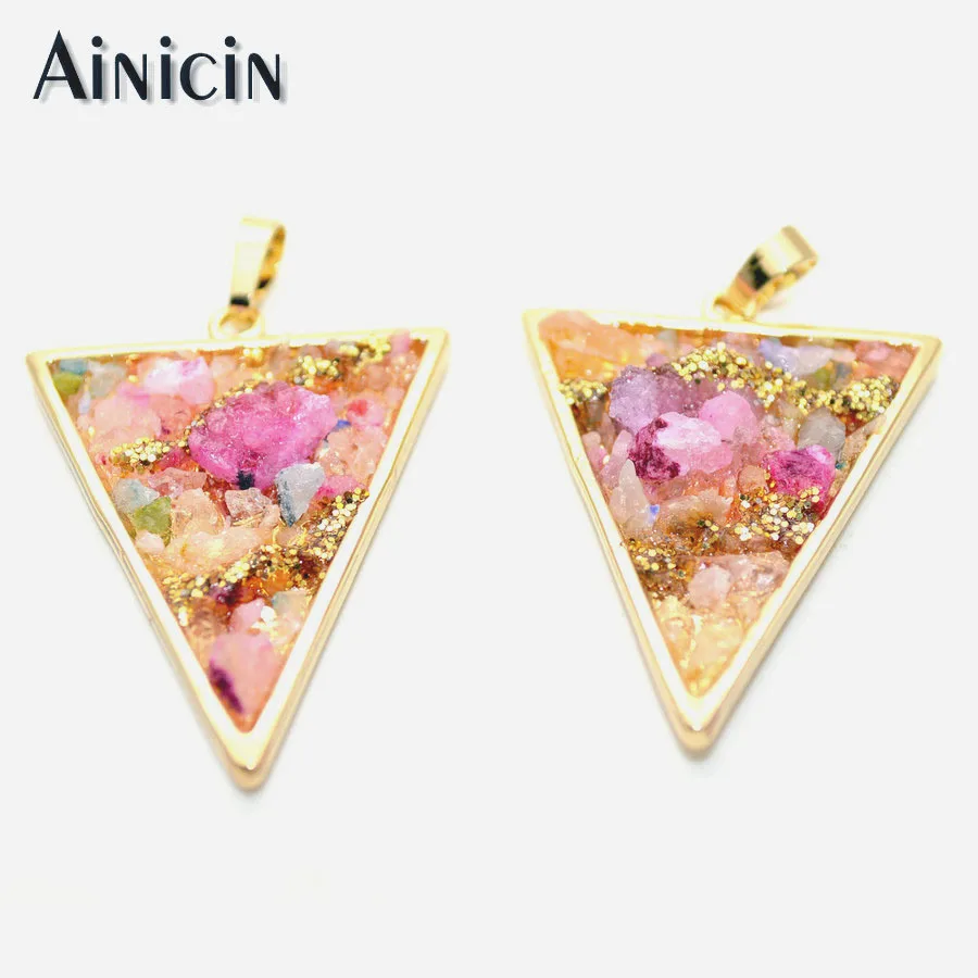 

New Arrival Pink Color Druzy Crystal Gravel Paved Triangle Shape Pendant Fashion Earring Necklace Making Findings 5pc/lot