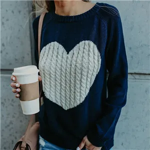 Navy Blue Осенне-зимние женские повседневные Лоскутные пуловеры, женские вязаные свитера с круглым вырезом, милый пуловер с длинным рукавом и сердечком, вязаный свитер - Цвет: Navy Blue
