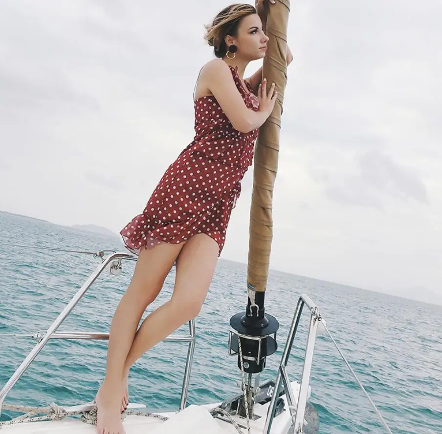 2019 Summer Sexy Deep V-Neck Polka Dot Chiffon Dress Ruffled Irregular Short Mini Dresses Women'S Clothing Beach | Женская одежда