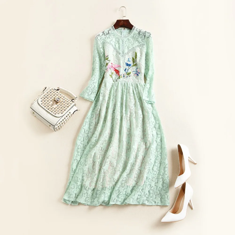 Кружева Платья Весна 2017 Новое Лето Симпатичные Вышивка Цветы Dress Vintage Fashion Женская