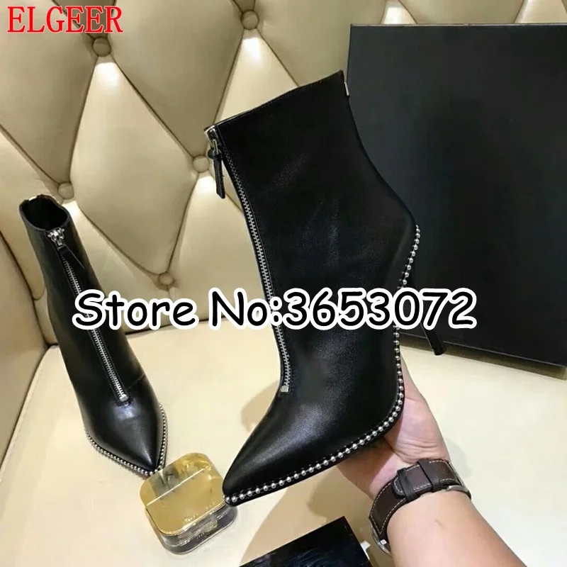 Pointy Toe Stiletto Studs Embellished Women Ankle Boots Black Leather Zipper Gladiator Motorycle botas mujer High Heels | Обувь