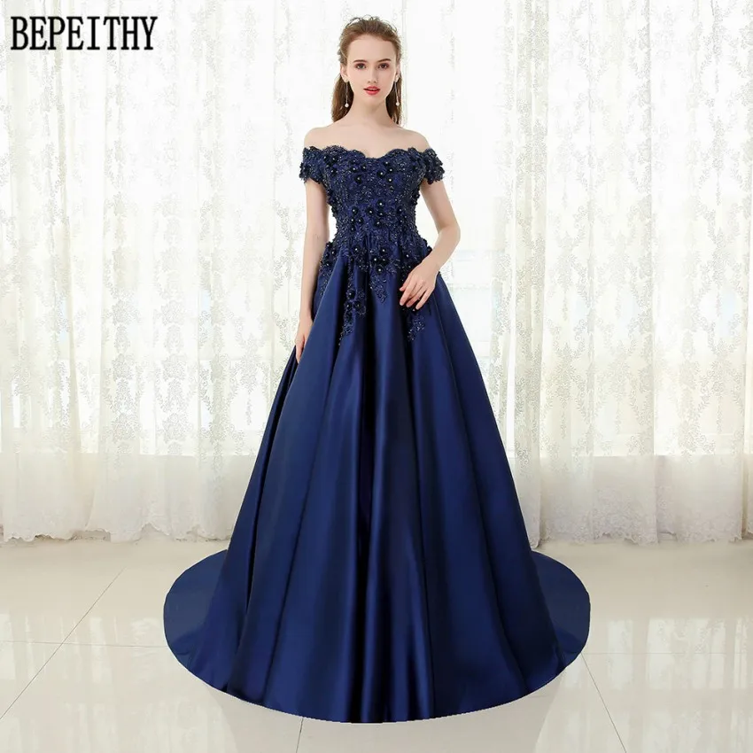 navy blue BEPEITHY, на заказ, vestido de festa, с v-образным вырезом, темно-синее, кружевное, расшитое бисером, винтажное платье для выпускного вечера, с открытыми плечами, длинное вечернее платье - Цвет: navy blue