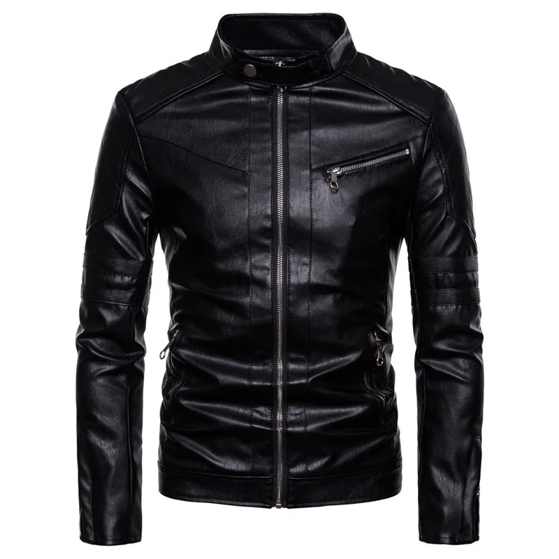 

2019 Autumn new High-end Men's Washing Machine Leather clothing Men's Collar PU Black leather jacket Size S M L XL XXL