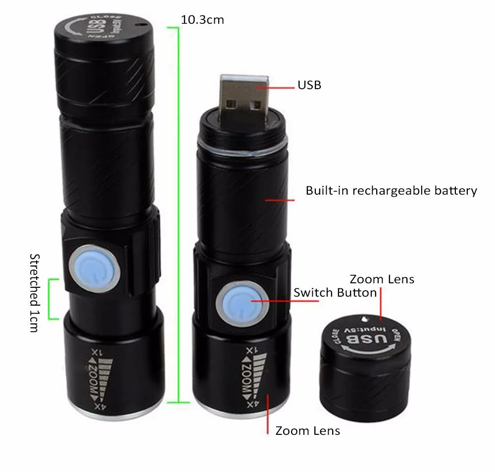AIMIHUO Mini Flashlight USB Rechargeable Cree Q5 LED Aluminum Alloy Telescopic Zoom Torch Lamp Built-in Battery | Освещение