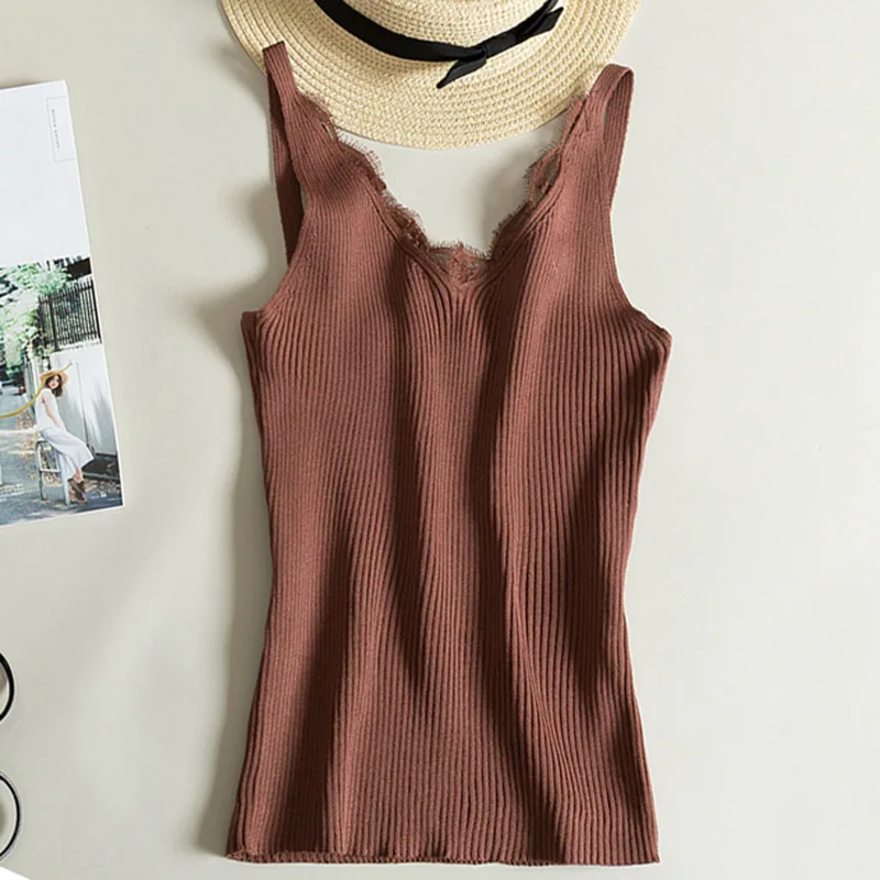 

Women Hook Flower Lace Tank solid Stitching V-neck Camis Female Knitted Short Slim Sleeveless Shirt Tank Casual Tops