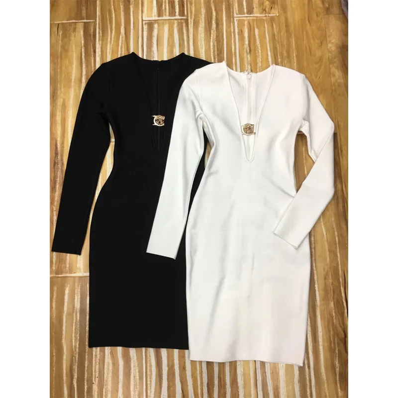 

Newest Fashion White Black Bandage Dress Women Sexy Hollow Out Long Sleeve Bodycon Summer Evening Party Dress Vestidos Wholesale