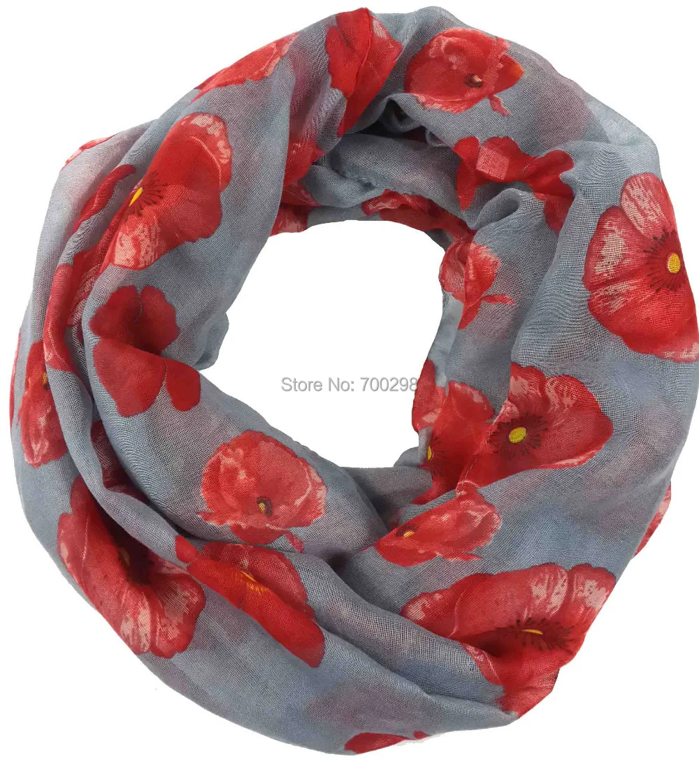 Женский шарф-петля с красным маком и цветочным принтом |