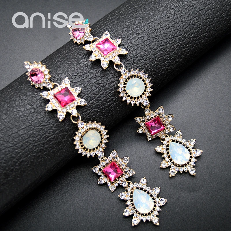 Женские роскошные серьги капли с розовыми кристаллами Anise Длинные свадебные в