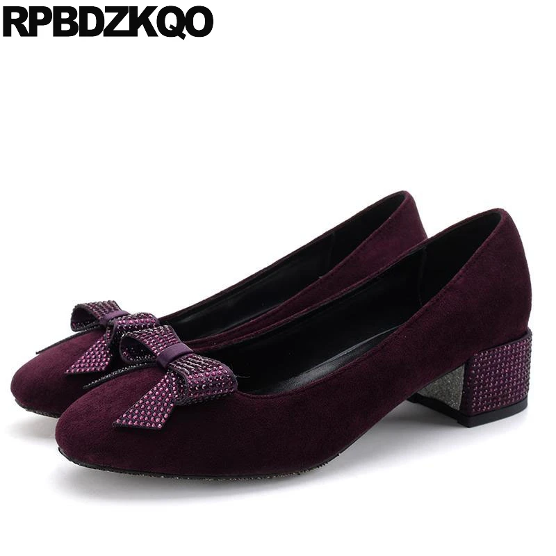 

насосы милый Квадратный носок обнаженный Каблук Kawaii замша Фиолетовые свадебные туфли кристалл бриллиант Размер 4 34 средняя пятка галстук-б...