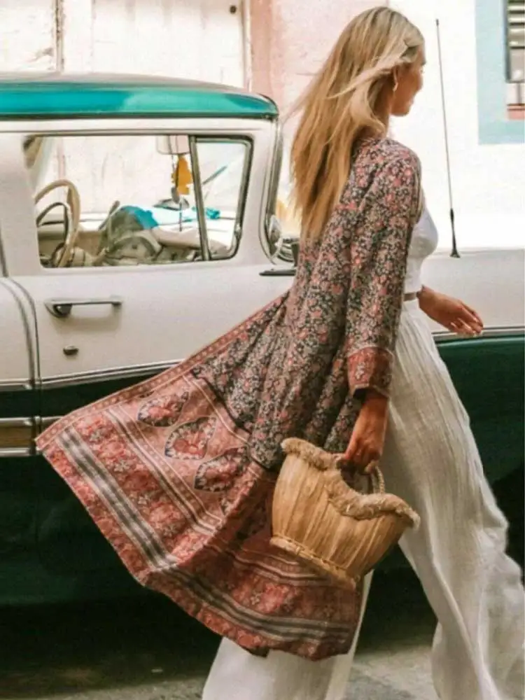 Богемный Вдохновленный пляжное кимоно пуговицы спереди boho длинный дизайн