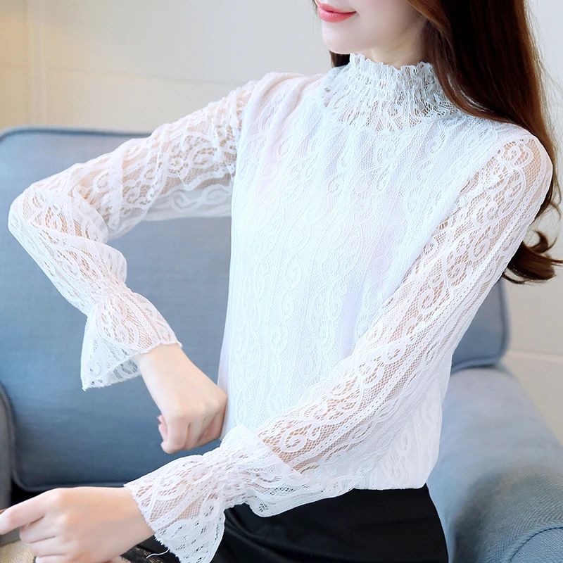 

Lace blouse women's lace long sleeved trumpet sleeve hollow blouse 2018 spring new Ladies Plus Size Shirts Femme Tops 209 30