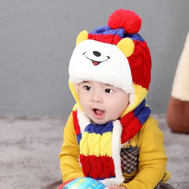 Baby hat scarf two - piece boys girls autumn winter Wear knit plush baby mickey knitting neck Warm caps Within three year |