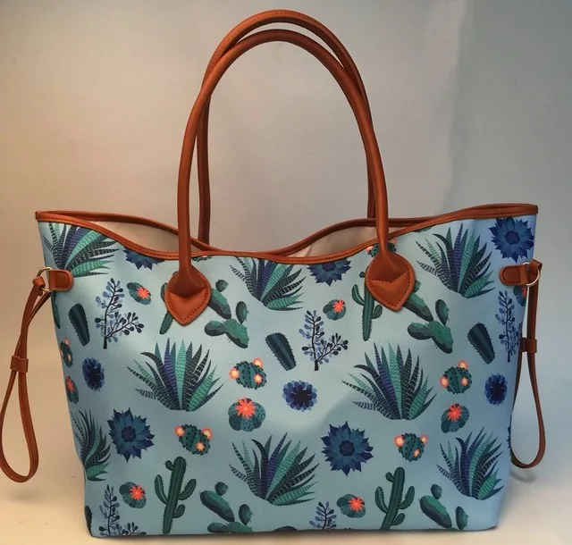 Summer Cactus Styles Canvas Tote With Green Flora Red and Purple Colored Catus Designs Women Handbag with Pu handle DOM109842 | Багаж и
