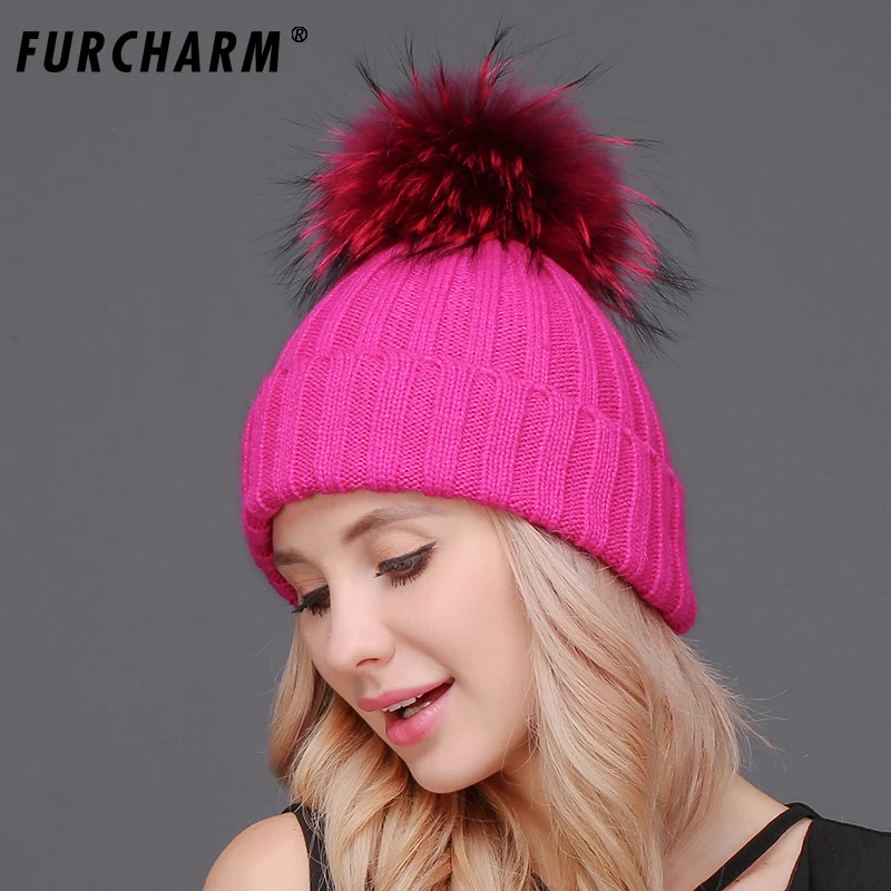 Женские шапки FURCHARM из 100% натурального меха енота вязаная облегающая шапка