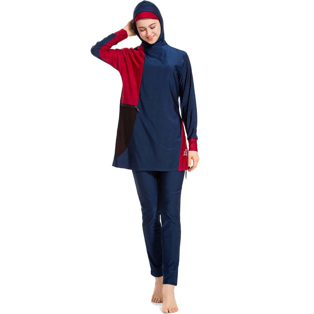Navy blue YONGSEN короткий рукав купальник ислам ic хиджаб ислам Буркини Одежда Мусульманский купальник женский скромный пэчворк полный Чехол - Цвет: Navy blue
