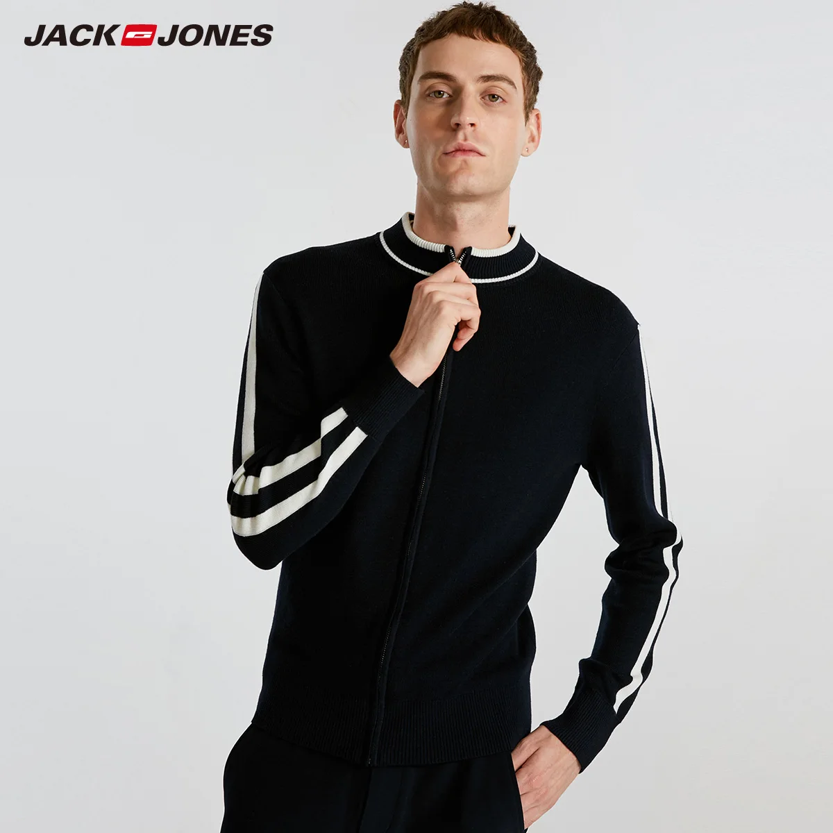 JackJones Мужская Зимняя шерстяная трикотажная куртка с контрастной полоской на