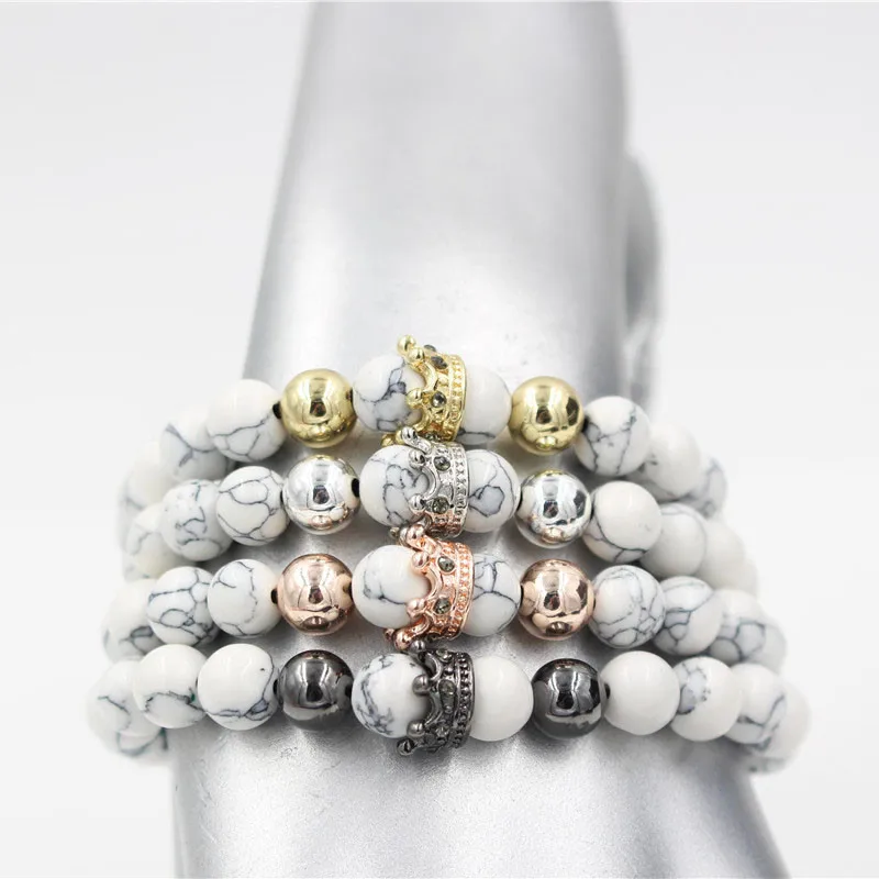NADEEM Белый Howlite камень бусина золотой цвет микро CZ Кристалл браслет с шармом