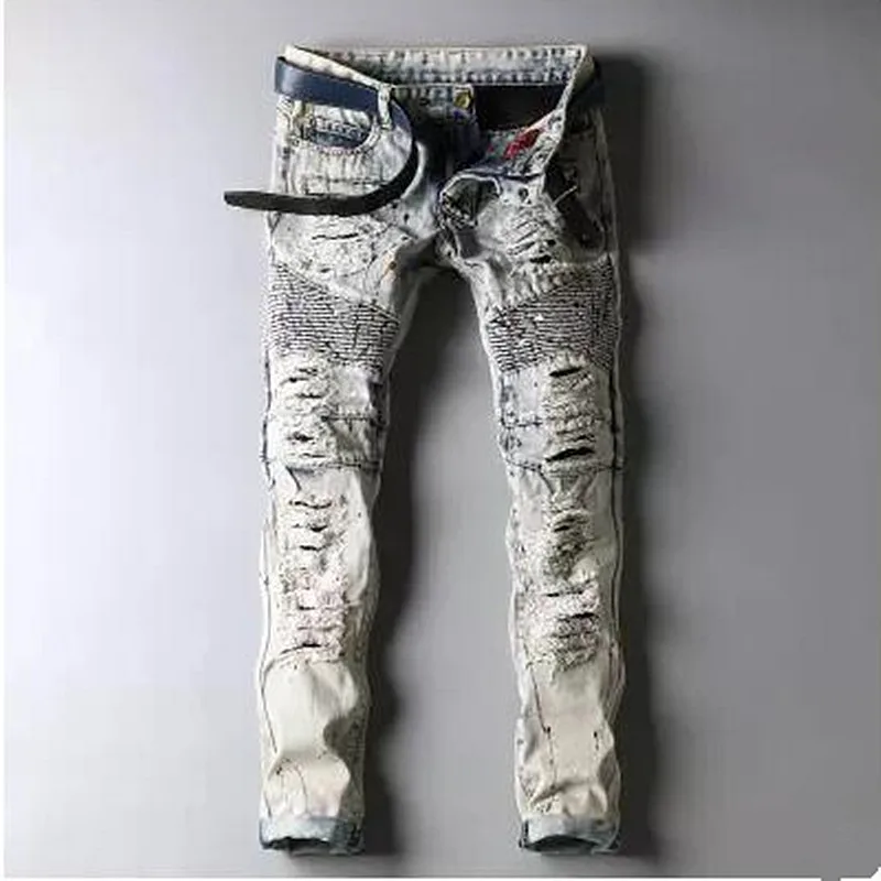 

Blue Print Biker Men Jeans Ripped Slim Fit Hip Hop Denim Trousers Men`s Jeans High Quality Motorcycle Pants Punk Homme